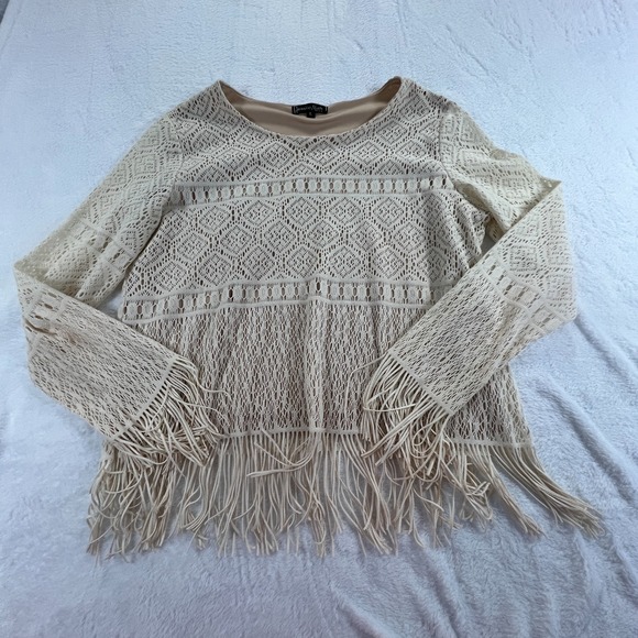 Jessica Max Lace Fringe Y2K Top Sz L Ivory Western Clean Girl Casual Stretch USA - Picture 3 of 12